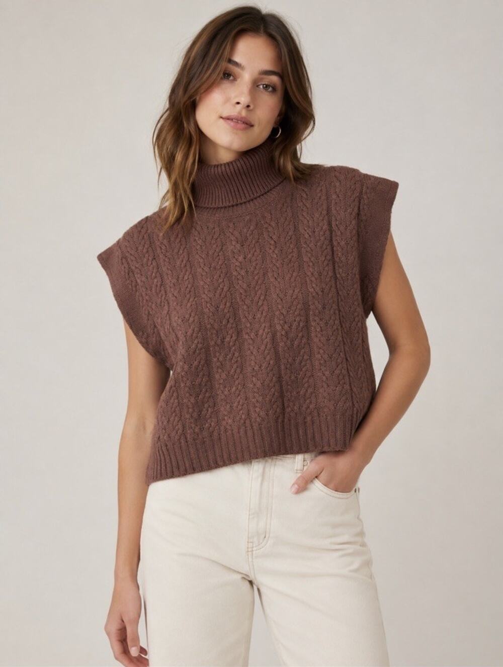 NWT Splendid Women’s Aspen Turtleneck Sleeveless Cable Knit Sweater Sz M Plum